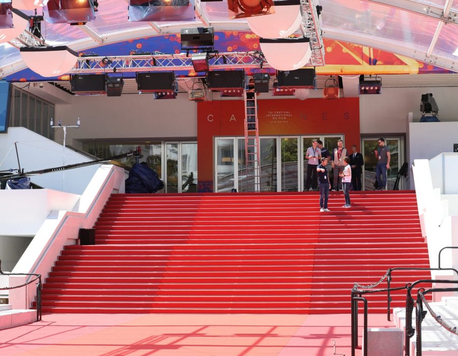 Cannes, France - May 14, 2019: Red Carpet Stairway At Palais Des Festivals Et Des Congres Before Opening Ceremony Of The Cannes Film Festival 2019 In Cannes, France, French Riviera, Europe